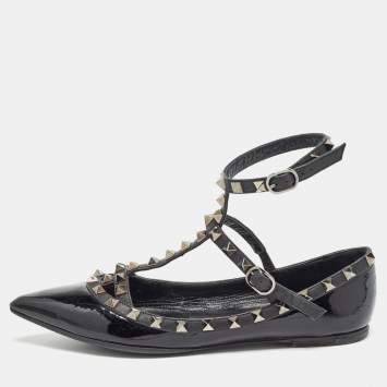 Pre Owned Valentino Black Patent and Leather Rockstud Ballet Flats Size 36.5