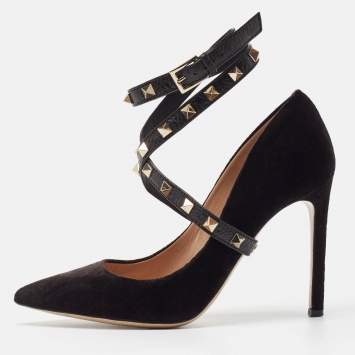 Pre Owned Valentino Black Velvet and Leather Rockstud Ankle Wrap Pumps Size 36