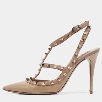 Pre Owned Valentino Beige/Dusty Pink Patent and Leather Rockstud Ankle Strap Pumps Size 40
