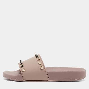 Pre Owned Valentino Pink Rubber Rockstud Slide Flats Size 35
