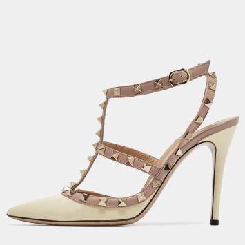 Pre Owned Valentino Cream/Beige Leather and Patent Rockstud Pumps Size 38