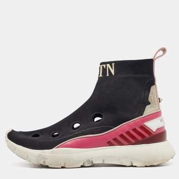 Pre Owned Valentino Black/Pink Fabric and Leather VLTN High Top Sneakers Size 35
