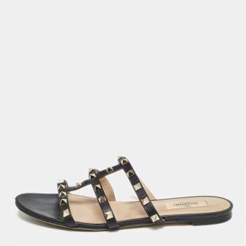 Pre Owned Valentino Black Leather Rockstud Flat Slides Size 38.5