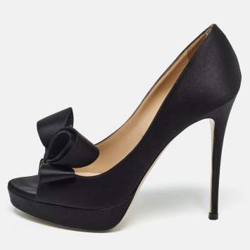 Pre Owned Valentino Black Satin Peep Toe Bow Pumps Size 37.5