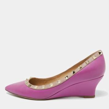 Pre Owned Valentino Pink Leather Rockstud Wedge Pumps Size 39.5