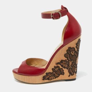 Pre Owned Valentino Red Leather Lace Wedge Peep Toe Ankle Strap Sandals Size 37.5