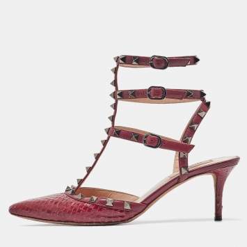 Pre Owned Valentino Burgundy Leather Python Leather Rockstud Pumps Size 39