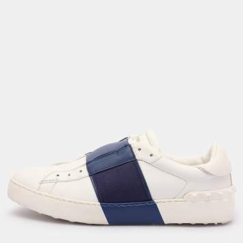 Pre Owned Valentino White/Blue Leather Rockstud Slip On Sneakers Size 38.5
