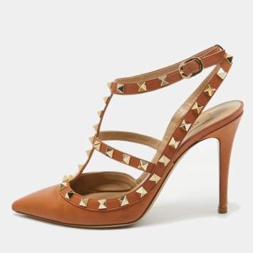 Pre Owned Valentino Brown Leather Rockstud Caged Pumps Size 37