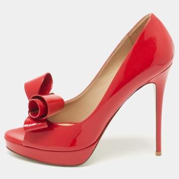 Pre Owned Valentino Red Patent Leather Bow Peep Toe Platform Pumps Size 39