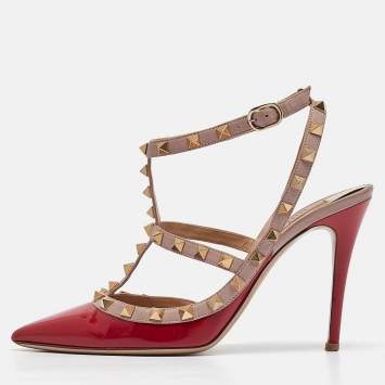 Pre Owned Valentino Red Patent Leather Rockstud Ankle Strap Pumps Size 37.5
