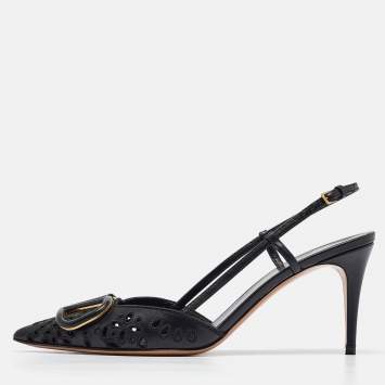 Pre Owned Valentino Black Laser Cut Leather Vlogo Slingback Pumps Size 38.5