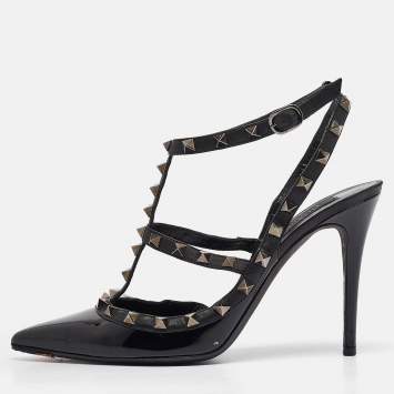 Pre Owned Valentino Black Patent Leather Rockstud Ankle Strap Pumps Size 40