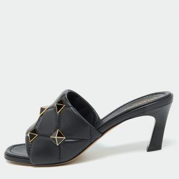 Pre Owned Valentino Black Leather Roman Stud Slide Sandals 39.5