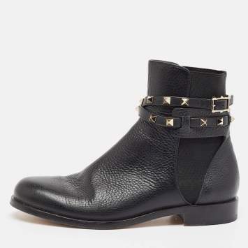 Pre Owned Valentino Black Leather Rockstud Ankle Length Boots Size 37