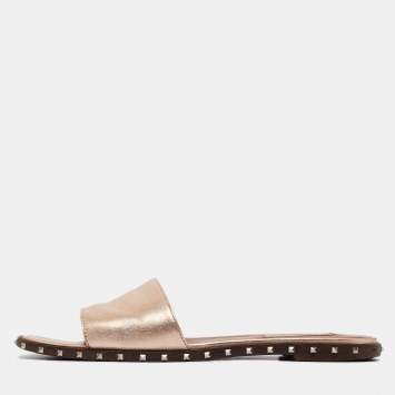 Pre Owned Valentino Gold Leather Rockstud Slide Flats Size 38