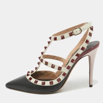Pre Owned Valentino Black/Off White Leather Rockstud Ankle Strap Pumps Size 38