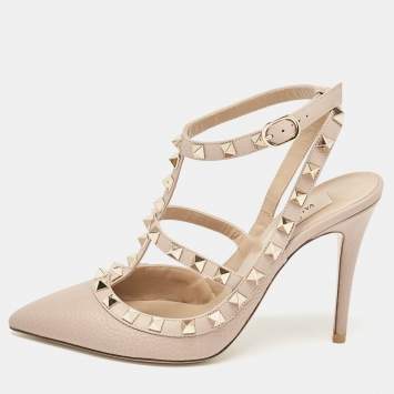Pre Owned Valentino Dusty Pink Leather Rockstud Ankle Strap Pumps Size 37