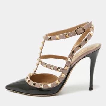 Pre Owned Valentino Black/Pink Patent Leather Rockstud Strappy Pointed Toe Pumps 38.5