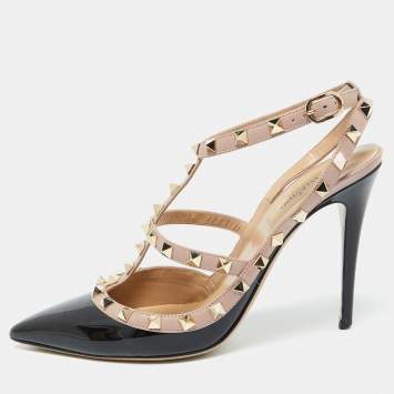 Pre Owned Valentino Black/Pink Leather and Patent Leather Rockstud Pumps Size 40