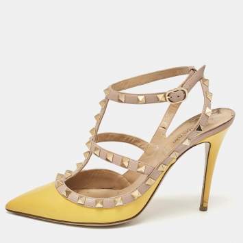 Pre Owned Valentino Yellow/Beige Leather Rockstud Pumps Size 39
