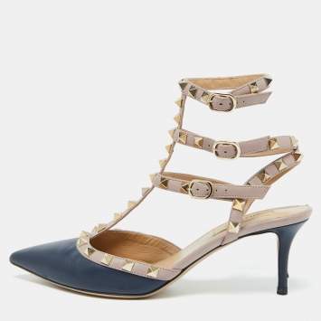 Pre Owned Valentino Blue/Pink Leather Rockstud Ankle Strap Sandals Size 38.5