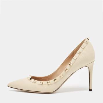 Pre Owned Valentino Cream Leather Rockstud Pointed Toe Pumps Size 37.5