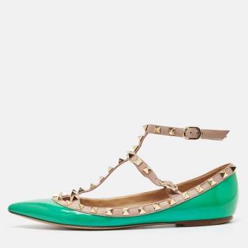 Pre Owned Valentino Green/Beige Patent and Leather Rockstud Ballet Flats Size 38
