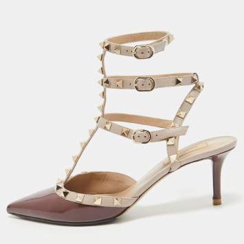 Pre Owned Valentino Burgundy Patent Leather Rockstud Ankle Strap Pumps Size 40