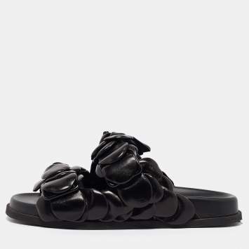 Pre Owned Valentino Black Leather 03 Rose Edition Atelier Flat Slides Size 36