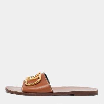 Pre Owned Valentino Brown Leather Escape V logo Flat Sandals 37.5