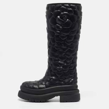 Pre Owned Valentino Black Rubber Rose Atelier Knee Length Boots Size 36