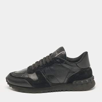 Pre Owned Valentino Black Leather and Suede Rockrunner Low Top Sneakers Size 36