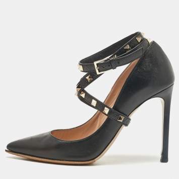 Pre Owned Valentino Black Leather Rockstud Wrap Pumps Size 40