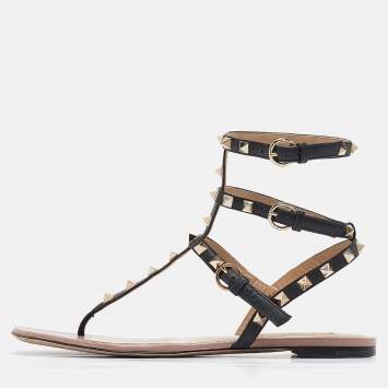 Pre Owned Valentino Beige/Black  Leather Rockstud Ankle Strap Sandals 40