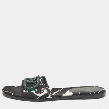 Pre Owned Valentino Black Printed Canvas Crystal Embellished V Logo Flat Slides Size 38