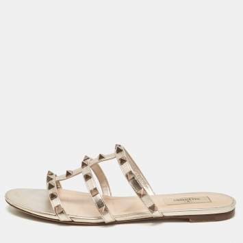 Pre Owned Valentino Metallic Leather Rockstud Flat Slides Size 38