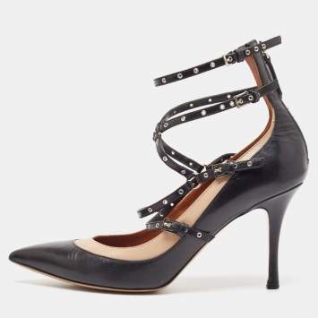 Pre Owned Valentino Black/Beige Leather Rockstud Pumps Size 40