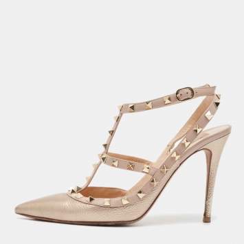 Pre Owned Valentino Metallic Pink Leather Rockstud Ankle Strap Pumps Size 42