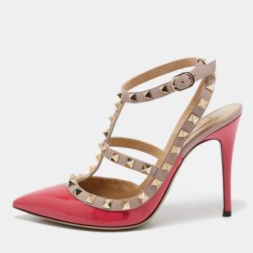 Pre Owned Valentino Pink/Beige Leather and Patent Leather Rockstud Pumps Size 36.5