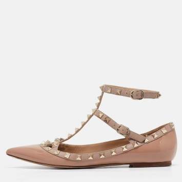 Pre Owned Valentino Pink Patent Leather Rockstud Ankle Strap Ballet Flats Size 38