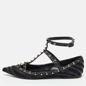 Pre Owned Valentino Black Calf Hair and Leather Rockstud Ankle Strap Ballet Flats Size 38