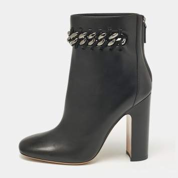 Pre Owned Valentino Black Leather Chain Link Embellished Block Heel Ankle Boots Size 41