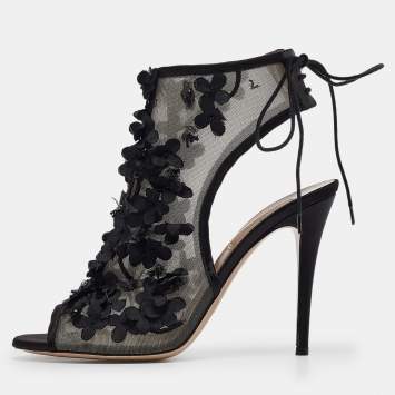 Pre Owned Valentino Black Mesh Floral Applique Ankle Tie Sandals Size 39