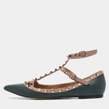 Pre Owned Valentino Green/Pink Leather Rockstud Caged Ballet Flats Size 38.5