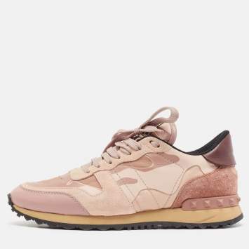 Pre Owned Valentino Pink Camouflage Canvas and Suede Rockrunner Sneakers Size 38