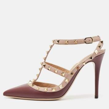 Pre Owned Valentino Plum/Dusty Pink Leather Rockstud Ankle Strap Pumps Size 40