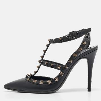 Pre Owned Valentino Black Leather Rockstud Pumps Size 37