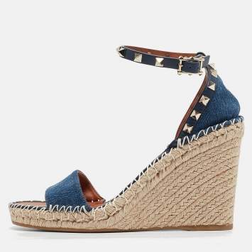 Pre Owned Valentino Navy Blue Denim Rockstud Wedge Sandals Size 39