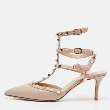 Pre Owned Valentino Dusty Pink Leather Rockstud Ankle Strap Pumps Size 38